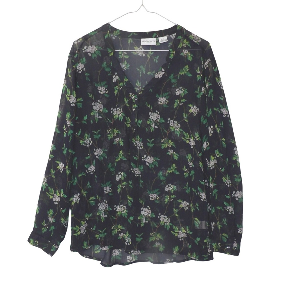 Liz Claiborne Petite Black Floral Print V Neck Long Sleeve Sheer Blouse Top PXL